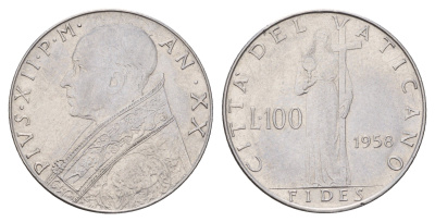 Ватикан 100 лир 1958 Пий XII (1939-1958) KM 55 нержавеющая сталь 4671-1013