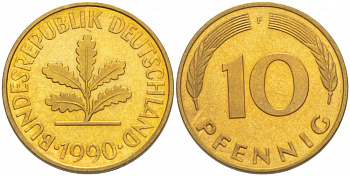 ФРГ 10 ПФЕННИГОВ 1990 F KM 108, J.383 сталь плакированная латунью 3996-721