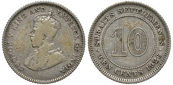 Стрейтс-Сетлментс 10 центов 1926 Георг V (1910-1936) KM 29b серебро 4564-458