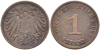 ГЕРМАНИЯ 1 ПФЕННИГ 1906 A KM 10, J. 10 медь 112-1114