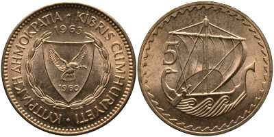 Кипр 5 милсов 1963 парусник KM 39 бронза aUNC 33-746