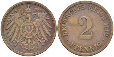 Германия 2 пфеннига 1912 D KM 16, J. 11, Weege 4 медь 206-616
