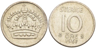 Швеция 10 эре 1961 Густав VI Адольф (1950-1973) KM 823 серебро 4585-352