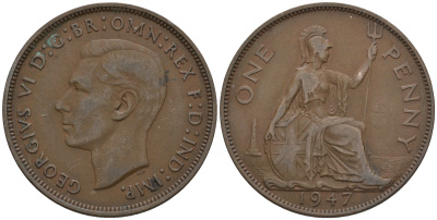 Великобритания 1 пенни 1947 Георг VI (1936-1952) KM 845, Spink 4114 бронза 4112-734
