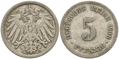 Германия 5 пфеннигов 1908 A KM 11, Jager 12, Weege 6 медно-никель 4364-4533