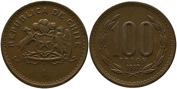 Чили 100 песо 1997 So KM 226.2, Schon 71 алюминиевая бронза 4544-1251