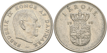 ДАНИЯ 1 КРОНА 1969 C; S, ФРЕДЕРИК IX (1947-1972) KM 851.1 медно-никель 4364-1312