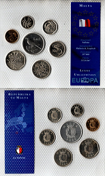 Мальта набор из 7 монет (1, 2, 5, 10, 25 и 50 центов; 1 лира) 1998, 2000, 2001 и 2002 в красочной упаковке с информацией о стране KM 93, 94, 95, 96, 97, 98 и 99 UNC 2-6-3-105