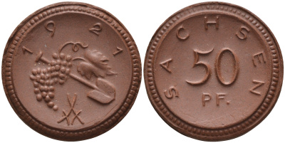 Саксония 50 пфеннигов 1921 виноград и лопата J. N 54 фарфор 1094-5-75