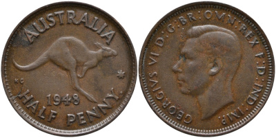 Австралия 1/2 пенни 1948 p, Георг VI (1937-1952), кенгуру KM 41 бронза 84-1416