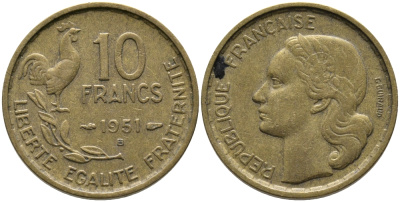 Франция 10 франков 1951 B, петух KM 915.2, Le Franc 363.5 алюминиевая бронза 65-1032