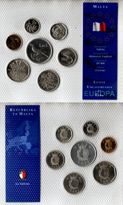 Мальта набор из 7 монет (1, 2, 5, 10, 25 и 50 центов; 1 лира) 1998, 2000, 2001 и 2002 в красочной упаковке с информацией о стране KM 93, 94, 95, 96, 97, 98 и 99 UNC 2-6-3-105
