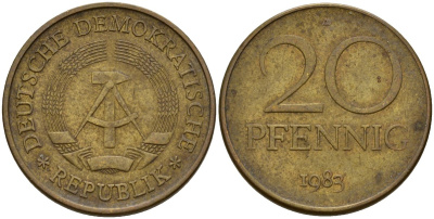 ГДР 20 пфеннигов 1983 A KM 11 латунь 98-755