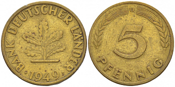 ФРГ 5 ПФЕННИГОВ 1949 D KM 102, J. 377 сталь плакированная латунью 4547-1156