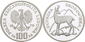 Польша 100 злотых 1979 MW, серия охрана окружающей среды, косуля KM 105, Parchimowicz 287 серебро PROOF 1085-1-22