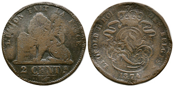 БЕЛЬГИЯ 2 САНТИМА 1874 BELGES KM 35.1 медь 177-1021