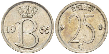 Бельгия 25 сантимов 1966 Belgie, Бодуэн I (1951-1993) KM 154.1 медно-никель 201-1252