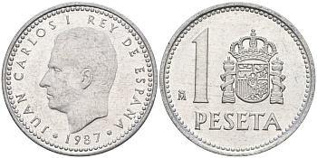 Испания 1 песета 1987 M, Хуан Карлос I (1975-2014) KM 821 алюминий 4402-817