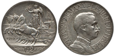 Италия 2 лиры 1910 R, Виктор Эммануил III (1900-1948), квадрига KM 46 серебро 00-821-36