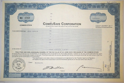США, CompuSave Corporation 250 акций 1985 бумага 8805-24-1