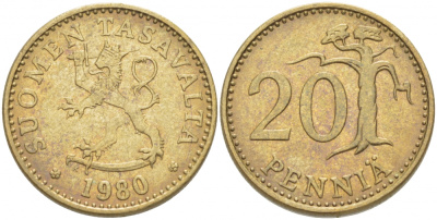 ФИНЛЯНДИЯ 20 ПЕННИ 1980 K KM 47 алюминиевая бронза 3718-654