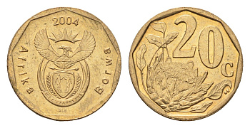 ЮАР 20 центов 2004 герб, цветок протея KM 328 сталь плакированная бронзой UNC 4687-562