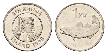 Исландия 1 крона 1999 треска KM 27a сталь плакированная никелем UNC 4687-848