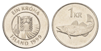 Исландия 1 крона 1999 треска KM 27a сталь плакированная никелем UNC 4687-848