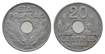 Франция 20 сантимов 1942 KM 900.1, Le Franc 153/2 цинк 4121-251