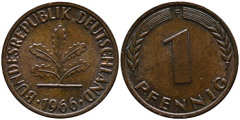 ФРГ 1 пфенниг 1966 F KM 105, J.380 сталь плакированная медью 99-257