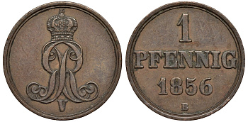 Ганновер 1 пфенниг 1856 B, Георг V KM 221, AKS 155, J. 83 медь 4594-234