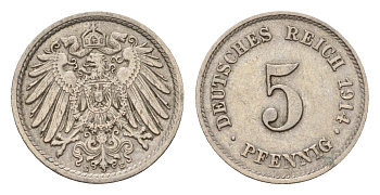 Германия 5 пфеннигов 1914 E, Вильгельм II (1888-1918) KM 11, J. 12 медно-никель 4636-269