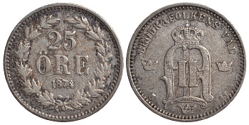 Швеция 25 эре 1874 ST, Оскар II (1872-1907) король Швеции и Норвегии KM 738 серебро 4179-811