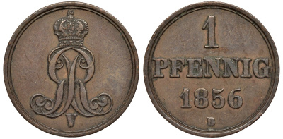 Ганновер 1 пфенниг 1856 B, Георг V KM 221, AKS 155, J. 83 медь 4594-234