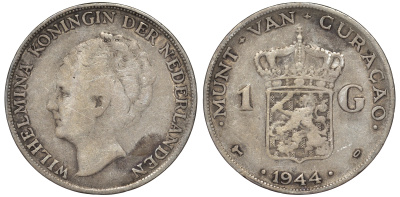Нидерландское Кюрасао 1 гульден 1944 D, Вильгельмина (1890-1948) KM 45 серебро 36-545
