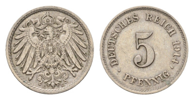 Германия 5 пфеннигов 1914 E, Вильгельм II (1888-1918) KM 11, J. 12 медно-никель 4636-269