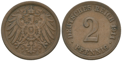 Германия 2 пфеннига 1911 А KM 16, J.11 медь 4651-1149
