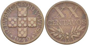 ПОРТУГАЛИЯ 20 СЕНТАВО 1949 KM 584 бронза 4513-1236