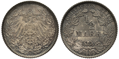 ГЕРМАНИЯ 1/2 МАРКИ 1905 D J. 16, KM 17 серебро UNC 413-4445
