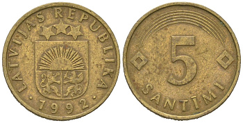 Латвия 5 сантимов 1992 KM 16 никель латунь 4580-547