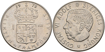 Швеция 1 крона 1972 U, Густав VI Адольф (1950-1973) KM 826a медь плакированный медно-никелем 4150-334