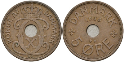 Дания 5 эре 1939 Кристиан X (1912-1947) KM 828 бронза 4148-225