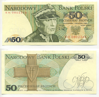 Польша 50 злотых 1988 Кароль Сверчевский, знак Грюнвальдского ордена Pick 142 c бумага UNC (пресс) 6293-17-3