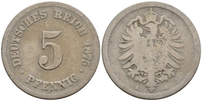 Германия 5 пфеннигов 1875 A, старогербовка KM 3, J. 3 медно-никель 4151-351