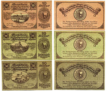 Австрия, Аллентштайг набор из 3 банкнот 10, 20, 50 геллеров 1920 1 мая 1920, нотгельд 31 января 1921 - 15 Февраля 1921, земля Нижняя Австрия   бумага  UNC (пресс) 7555-12-2-2