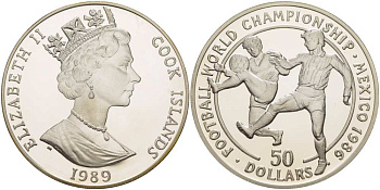 Острова Кука 50 долларов 1989 чемпионат мира по футболу в Мексике 1986 года, два игрока KM 70 серебро PROOF 1069-10-13