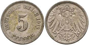 Германия 5 пфеннигов 1913 F KM 11, J. 12 медно-никель 4596-519