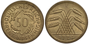 Германия 50 рентенпфеннигов 1924 E KM 34, J. 310 алюминиевая бронза UNC 413-3113