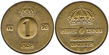 Швеция 1 эре 1970 U Густав VI Адольф (1950-1973) KM 820 бронза 4392-128