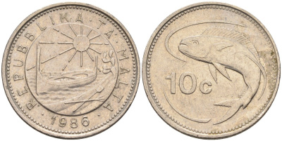 Мальта 10 центов 1986 золотая макрель KM 76 медно-никель 4588-157